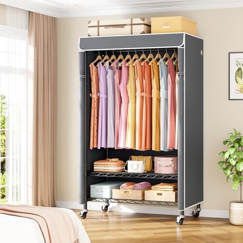 ULIFHOME P6C Rolling Clothes Rack with Cover, 3-Tier Covered Clothing Rack - Image 2
