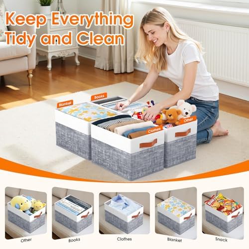 Fab totes Collapsible Storage Baskets for Shelves,14"x10", 8 Pack Foldable Fabric Storage Bins with Double Leather Handles, Large Baskets for Organizing Books, Clothes, White & Grey - Image 4