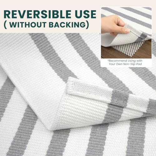 KOZYFLY Striped Rug 4x6 ft Cotton Woven Front Door Rugs, Gray and White - Image 4