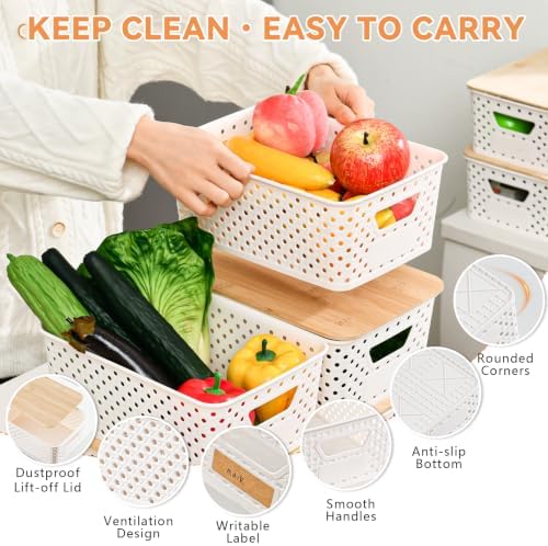 8 Pack Small Plastic Storage Bins with Bamboo Lids, Stackable Plastic Storage Baskets for Organizing with Handles, Organizer Bins with Labels for Room, Craft, Containers for Classroom Storage - Image 3