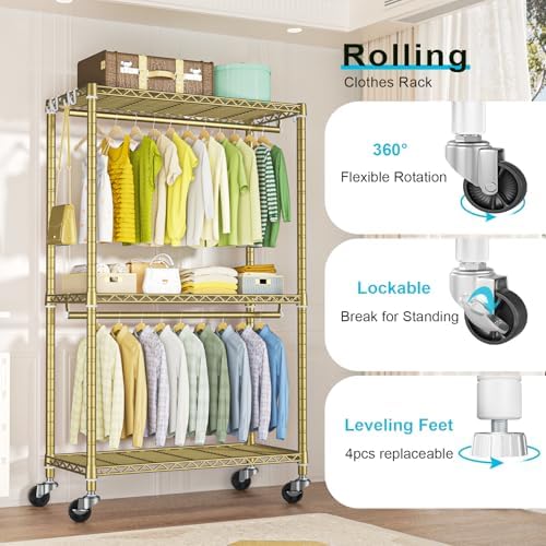 FUTASSI Rolling Clothes Rack, Clothing Racks for Hanging Clothes, Gold - Image 4