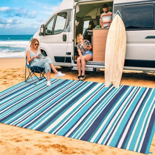 Garvee Modern Striped Lines 10x14 Outdoor Rug Colorful Striped Blue Rug - Image 2