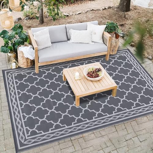 Reversible Mat 8x10 Plastic Straw Rug Outdoor Moroccan Trellis Area Rug Waterproof Patio Rug Outdoor Camping Rug for RV Porch Deck Camper Balcony Backyard Easy Cleaning Picnic Mat Grey White - Image 3