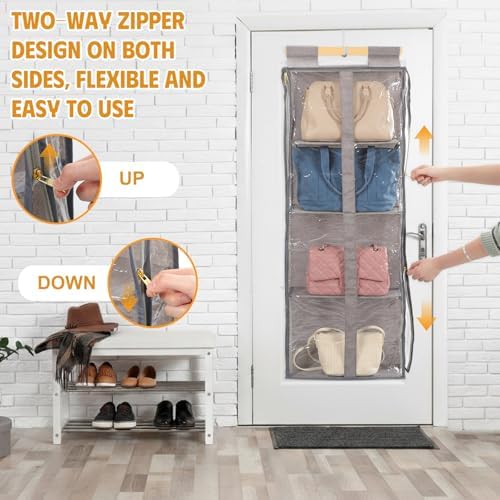 Silkfly 2 Pack Hanging Purse Organizer with Zipper for Closet Handbag Storage PVC Mesh Shelves with 4 Pockets for Bedroom Door Wardrobe Shelf Rack Space Saving(Brown) - Image 6