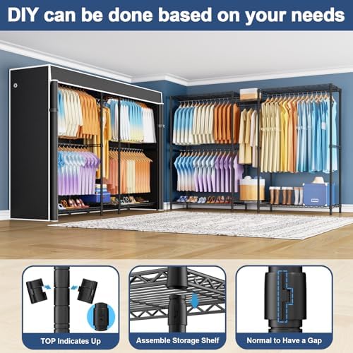 Ulif E12C Max Heavy Duty Closet Organizer System，Freestanding Clothing Rack, Adjustable Garment Rack 83" W x 16" D x 76.5" H Holds 1060 lbs, Black Clothing Rack with Black Dustproof Cover - Image 4