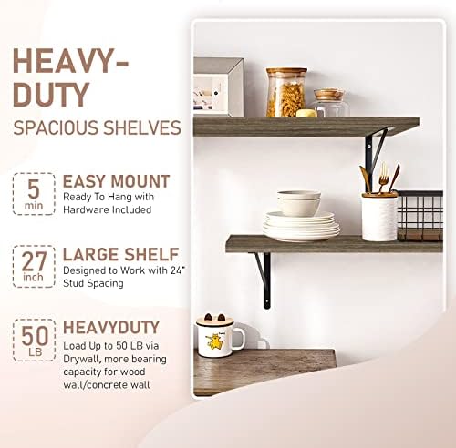 Kaboon 27 inch Long 10 inch Deep Floating Shelves for Wall Set of 2, Large Open Shelves Wall Mounted, Space Saving Home and Commercial Use, Eucalyptus - Image 3