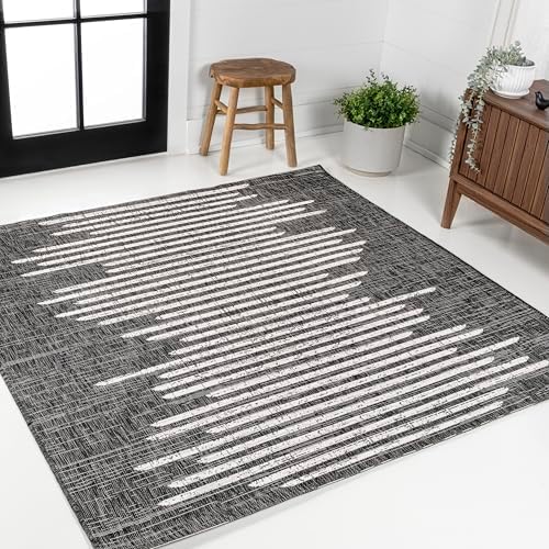 JONATHAN Y Stripe Geometric Indoor Outdoor Square Area Rug 5X5 Black/Ivory, Zolak Berber for Backyard, Patio, Porch, Easy-Cleaning, High Traffic, Pet-Friendly, Non-Shedding (SMB124E-5SQ) by JONATHANY