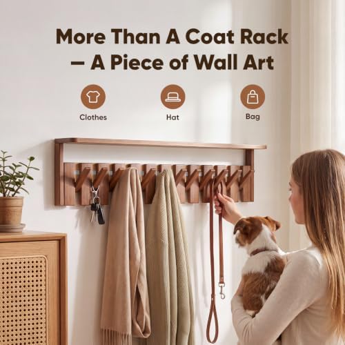 Wall Mounted Coat Rack with Shelf, 12 Flip-Down Hooks, Walnut - Image 2