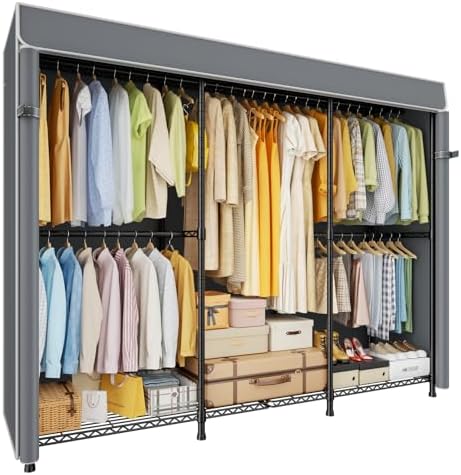 ULIFHOME E14C Pro Heavy Duty Closet Organizer System，Freestanding Clothing Racks for Hanging Clothes，Adjustable Garment Rack 69" W × 16" D × 77" H Hold 960 lbs，Black Rack with Grey Dustproof Cover by UlifHome