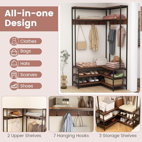 GIANTEX Corner Coat Rack, L-Shaped Hall Tree with Bench and Shoe Storage - Image 4