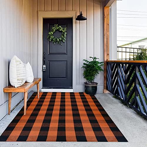 MUBIN Fall Decor Cotton Buffalo Plaid Rug, 4' x 6' Orange Black Outdoor Rug Decorative Mat, Washable Large Halloween Doormat Foldable Area Rug for Outdoor Patio Indoor Living Room Dining Room Kitchen - Image 4