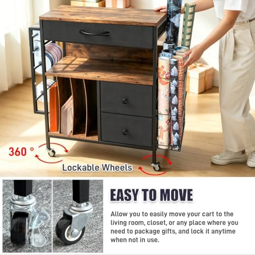 Wrapping Paper Storage Cart, Rolling Gift Wrap Station with 3 Drawers & Side Holders, Wrapping Paper Organizer Holder with Wheels for Gift Bags, Ribbons, Wrapping Supplies - Image 5