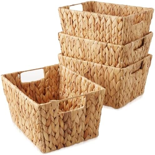 Casafield Set of 4 Water Hyacinth Storage Baskets with Handles - Natural, Woven Storage Bins for Shelves, Blankets, Laundry Organization by Casafield