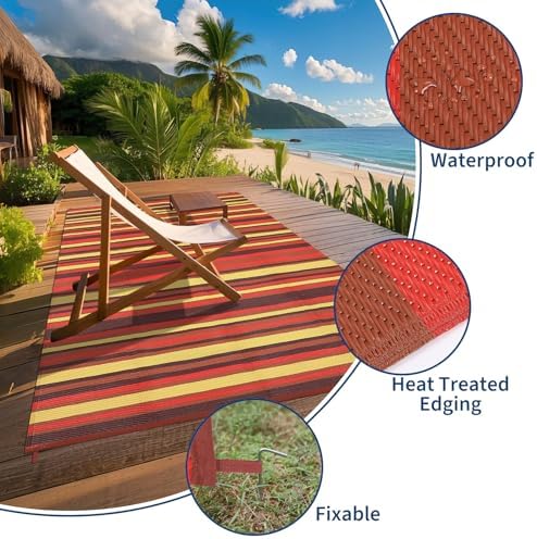 Garvee 8x10 Outdoor Rug Modern Striped Lines Plastic Straw Rug Red Tone - Image 4