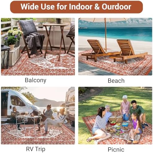 COZYLOOM Outdoor Rug Waterproof 8x10 Reversible Outdoor Plastic Straw Rug Oriental Medallion Patio Rugs Indoor Outdoor Carpet RV Mat for Deck Backyard Patio RV Camping Beach,Vintage Terracotta - Image 2