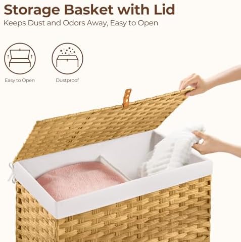 GREENSTELL Storage Basket with Lid, 17.2 Gallon(65L) Small Wicker Blanket Storage Basket with Handles, Foldable, 2 Removable Liner Bags, Metal Frame, for Bedroom, Laundry Room, Natural - Image 6