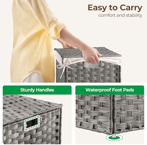 GREENSTELL Storage Basket with Lid, 17.2 Gallon(65L) Small Wicker Blanket Storage Basket with Handles, Foldable, 2 Removable Liner Bags, Metal Frame, for Bedroom, Laundry Room, Grey, 22.2"*13.4"*13.4" - Image 3
