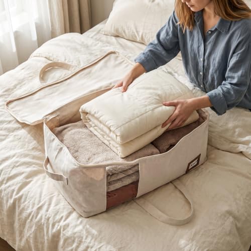 Cotton Canvas Storage Bags for King/Queen Comforters, Bedding, 4Pack, Beige - Image 3