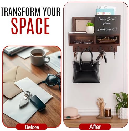 Spacelog Key and Mail Holder for Wall with Chalkboard – Magnetic Photo Frame Key Holder Wall Mount, Dark Walnut, Dual Storage & Cupboards Mail and Key Organizer for Wall - Image 6