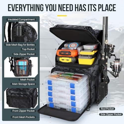PLUSINNO Cooler Fishing Backpack with Rod Holders 45L Large Water-resistant Fishing Tackle bag Store Fishing Gear Fishing Gifts for Men Father - Image 4