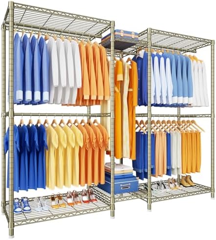 Ulif E12 Pro Clothes Rack，Heavy Duty Freestanding Garment Rack with Shelves，Metal Clothing Closet Storage System for Hanging Clothes，71" W x 16" D x 76.5" H, Hold 960 lbs，Gold by Ulif