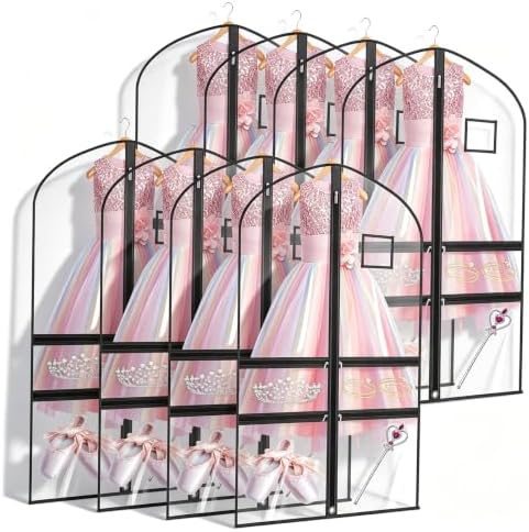 8 Pack Clear Garment Bags for Dance Costumes,40 Inch Transparent Dance Costume Bag with 4 Zipper Pockets & ID Window,Waterproof Hanging Garment Bag for Competition,Recital,Travel by ServingEveryFamily