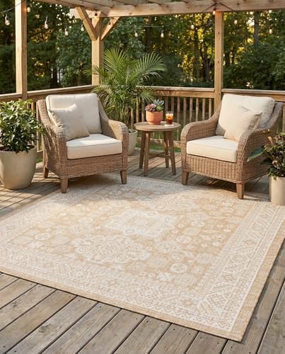 Rugs.com - Outdoor Aztec Rug – 5 Ft Square Natural Washable Indoor/Outdoor Rug – Perfect for Patios, Decks, and Porches by Rugscom