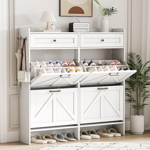 Shoe Cabinet with 4 Flip Drawers & 2 Top Drawers, 43" Tall Freestanding Shoe Storage Organizer for Entryway, Wooden Narrow Hidden Slim Shoe Rack for Front Door Entrance, Hallway, Living Room, White - Image 5