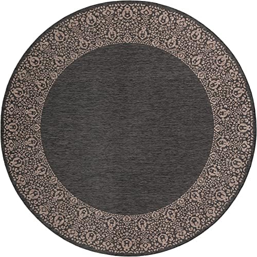 Unique Loom Outdoor Border Collection Area Rug - Floral Border (13' Round, Charcoal Gray/ Beige) - Image 2