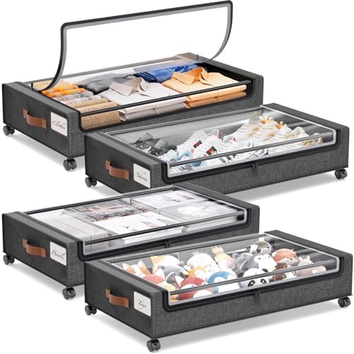 Yecaye Under Bed Storage with Wheels, 4 Pack Under Bed Rolling Storage with Clear Window & Label, 60 L Underbed Storage Containers, Rolling Under Bed Metal Drawer for Clothes, Shoes, Books by Yecaye