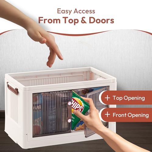 30 QT 3 Tier Folding Storage Bins with Doors – Magnetic Door Foldable Storage Cabinet - Folding Storage Box with Leather Handles - Stackable and Collapsible Storage Container for Books, Pantry - Image 4