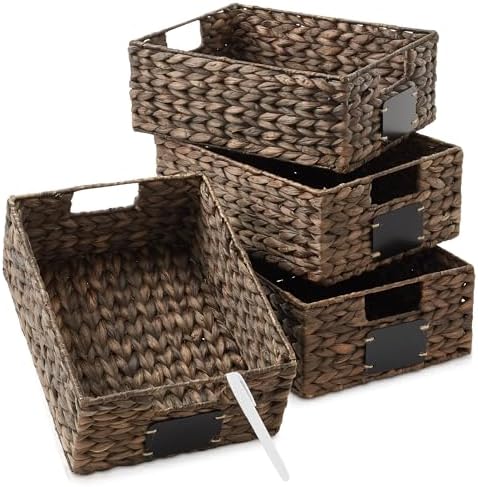 Casafield Set of 4 Water Hyacinth Pantry Baskets, 10" x 13" x 5", with Chalkboard Labels and Chalk Marker - Espresso, Woven Storage Bin Organizers for Kitchen Shelves by Casafield