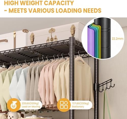 Rolling Wardrobe Rack 727LBS Heavy Duty Clothes Organizer Shelves - Image 4