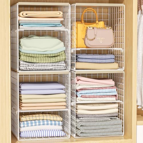 Hencawima 4 Pack Stackable Closet Organizers and Storage, Clothing Storage Shelves with Adjustable Dividers & Wood Top, Space-Saving Closet Organizer System, White - Image 3