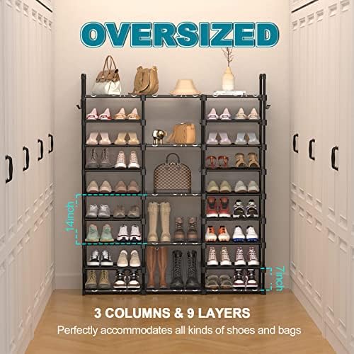 9-Tier Shoe Rack Storage Organizer, Shoe Shelf for Holds 50-55 Pairs Large Shose Stand with Adjustable Side Hooks for Entryway and Hallway - Image 2