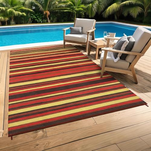 Garvee 8x10 Outdoor Rug Modern Striped Lines Plastic Straw Rug Red Tone by Garvee
