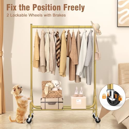 EAGMAK Heavy Duty Clothes Rack Load 420 LBS, Rolling Garment Organizer with Lockable Wheels, Standing Metal Clothing with Shelves, Portable Wardrobe Rack Sturdy Coat Rack for Hanging (Gold) - Image 6