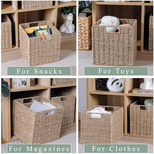 10.5 x 10.5in Cube Seagrass Storage Baskets, Foldable Square Wicker Storage Baskets for Shelves Set of 3, Large Cubby Rattan Basket, Collapsible Cube Storage Bins - Image 7