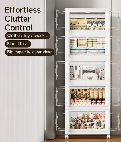 Hanyi 175 QT Stackable Storage Bins with Lids, 5 Tier Collapsible Plastic Storage Cabinet with Magnetic Doors, Removable Top Lid, Locking Wheels, Closet Organizer for Bedroom, Pantry, Office - Image 5