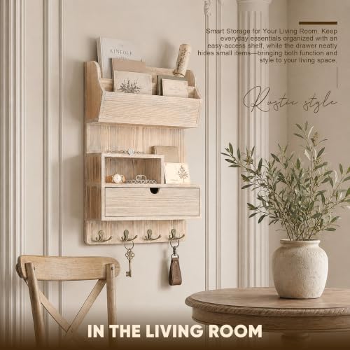 Rebee Vision Pine Wood Key Holder Wall Mount with Drawer, NaturalWood - Image 6