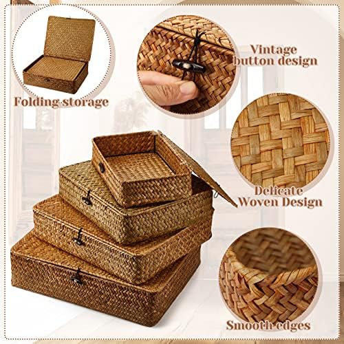 Didaey Set of 4 Seagrass Basket with Lid Wicker Storage Basket Decorative Storage Boxes with Lids Flat Storage Bins Woven Organizer Baskets for Shelf Closet Bedroom, 4 Sizes (Brown) - Image 3