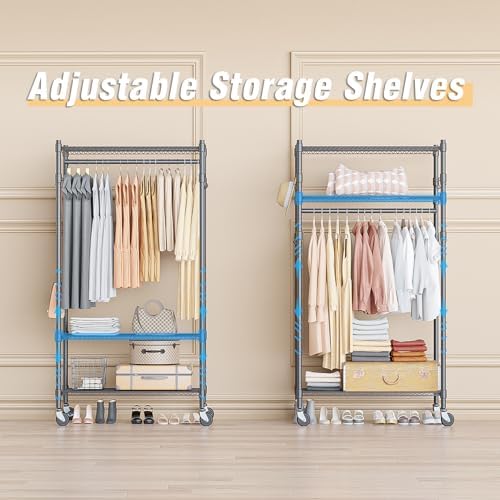 Homdox Narrow Rolling Garment Rack with Double Rods and 3 Adjustable Shelves, Compact Portable Closet Organizer for Bedroom, Dorm, Laundry Room, 23.62" W x 16.54" D x 80.71" H, Gray - Image 5