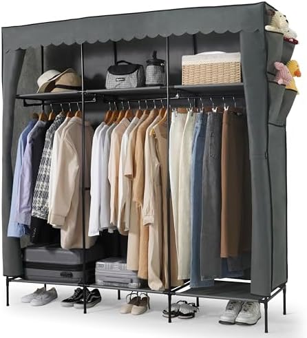 CAPHAUS 67-Inch Clothing Rack with Cover, Portable Closet Wardrobe, Covered Garment Rack for Hanging Clothes, 285LB Capacity Heavy-Duty Metal Frame Clothes Organizer Rack with Storage Shelves by CAPHAUS