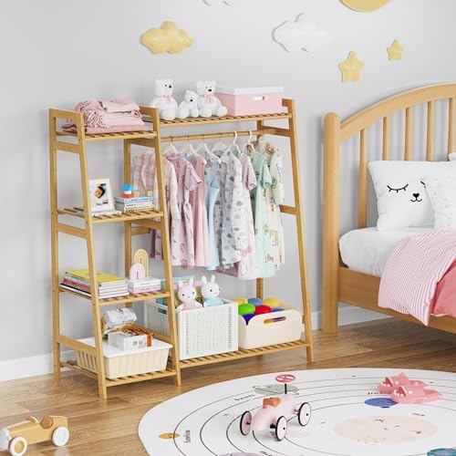 BAMBOOHOMIE Kids Clothing Rack with Shelves, Bamboo Clothes Garment Rack for Kids Child Baby, Kids Dress Up Storage Rack with Top Shelf, Toddlers Wardrobe Closet for Nursery (Medium Size) - Image 4