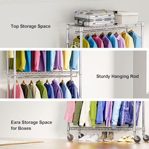 M MZG Heavy Duty Rolling Garment Rack 3 Tiers Adjustable Wire Shelving Clothes Rack with 2 Rods and Side Hooks,Storage Closet Clothing Rack with Wheels Chrome 15.7" D x 45.3" W x 79.6" H - Image 4