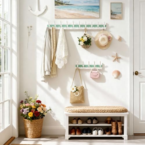 SKOLOO Coastal Coat Rack Wall Mount-38-1/8 Beach House Entryway Wooden Coat Hook with 10 Hooks for Hanging Coats, Hats or Towels, Oceanfront Cottage Core Collection, White & Green, Pack of 2 - Image 6