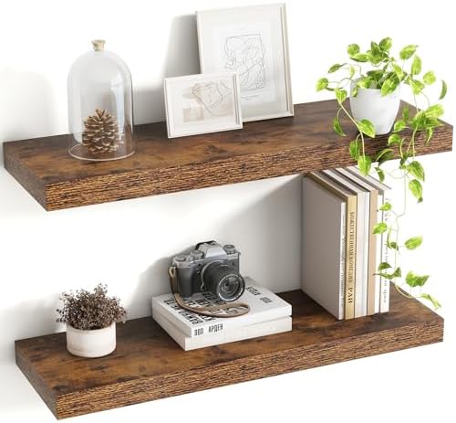 Acovy 24 Inch Floating Shelves, 8 Inch Deep Floating Shelves for Wall, Hanging Shelf with Invisible Brackets, Deep Shelves for Bathroom, Bedroom, Living Room, Brown, Set of 2 by Acovy
