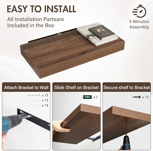 Acovy 24 Inch Floating Shelves, 12" Deep Floating Shelf Wall Mounted, 24" Wall Shelves, Rustic Deep Bookshelf, Extra Deeper & Thicker Display Shelves for Bedroom, Living Room, Walnut, Set of 2 - Image 6