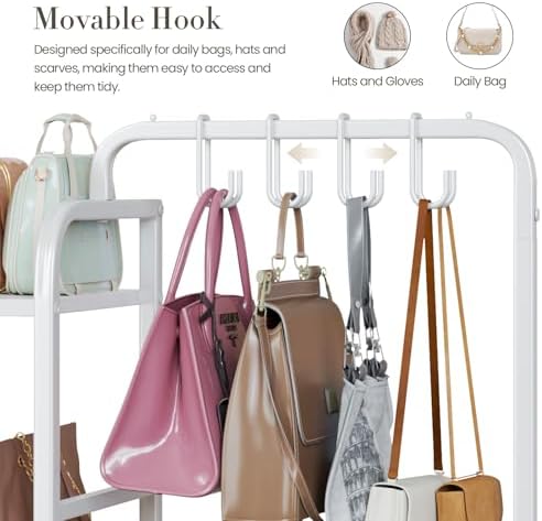 Purse Organizer for Closet, with Bottom Drawer, Extra Large Capacity 3 Tier Handbag Storage Rack for Women, 10 Purse Hanger and Hooks for Bag Organizer, Floor-Standing, Home, Living Room (White) - Image 5