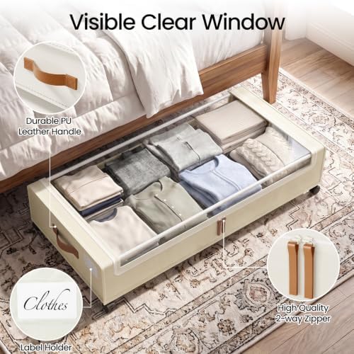 Yecaye 70L Large Under Bed Storage Containers with Wheels, 2 Pack, Beige - Image 4